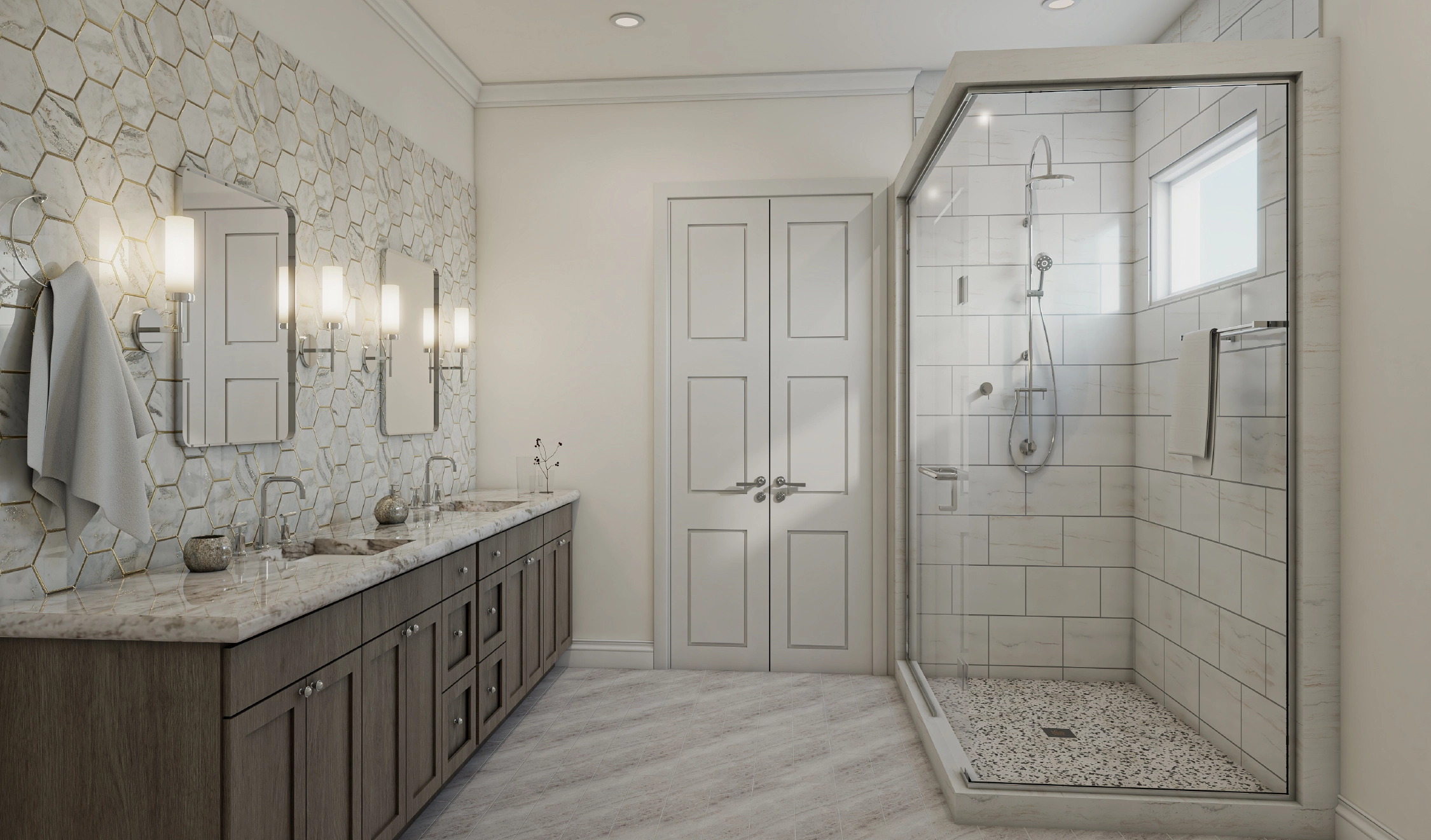 Elegantly designed bathroom with cut pieces of marble tiles, lamp fixtures, and accessories.